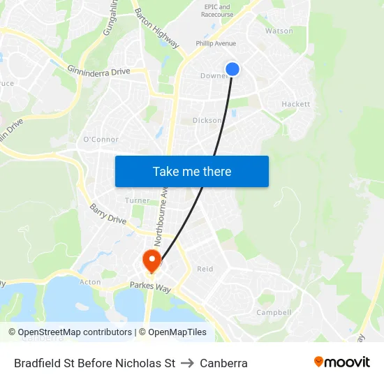 Bradfield St Before Nicholas St to Canberra map