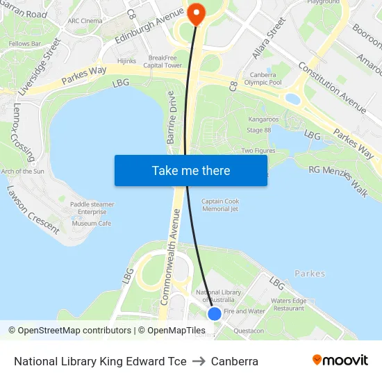 National Library King Edward Tce to Canberra map