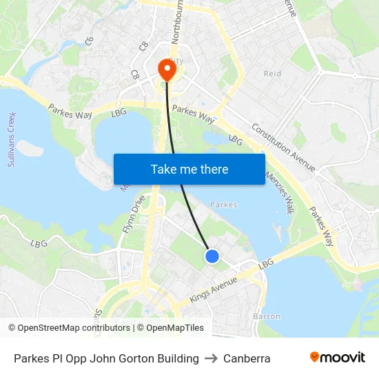 Parkes Pl Opp John Gorton Building to Canberra map
