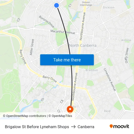 Brigalow St Before Lyneham Shops to Canberra map
