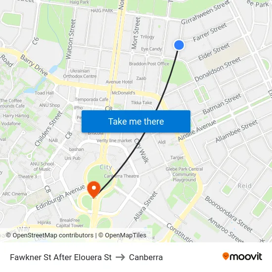Fawkner St After Elouera St to Canberra map