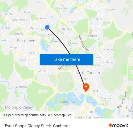 Evatt Shops Clancy St to Canberra map