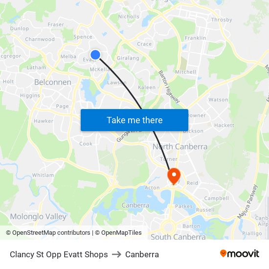 Clancy St Opp Evatt Shops to Canberra map