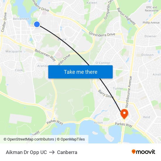 Aikman Dr Opp UC to Canberra map