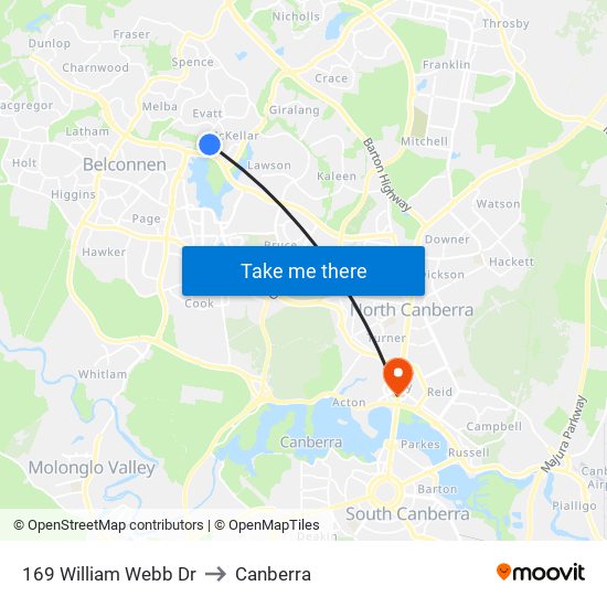 169 William Webb Dr to Canberra map