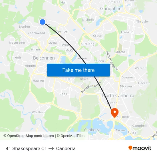 41 Shakespeare Cr to Canberra map