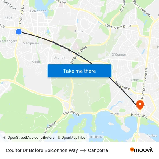 Coulter Dr Before Belconnen Way to Canberra map