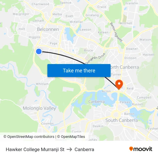 Hawker College Murranji St to Canberra map