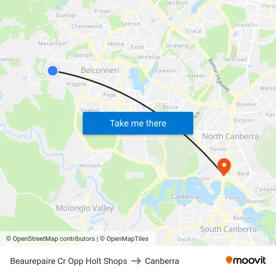 Beaurepaire Cr Opp Holt Shops to Canberra map