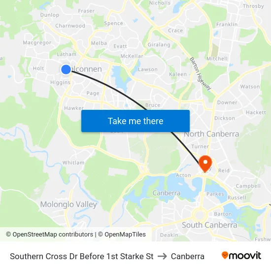 Southern Cross Dr Before 1st Starke St to Canberra map