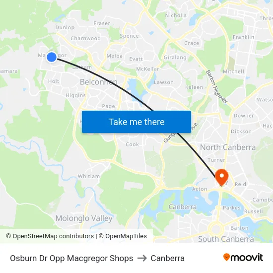 Osburn Dr Opp Macgregor Shops to Canberra map