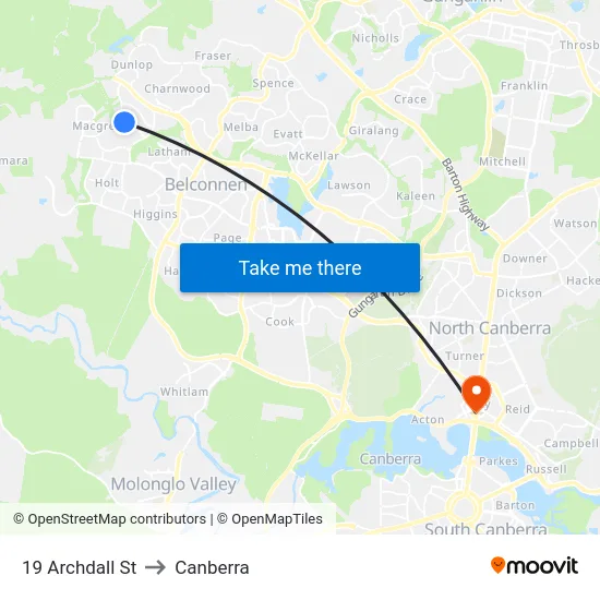 19 Archdall St to Canberra map