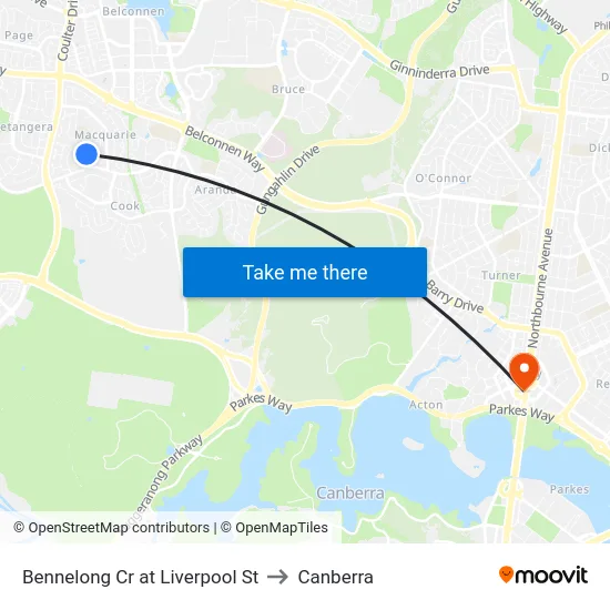 Bennelong Cr at Liverpool St to Canberra map