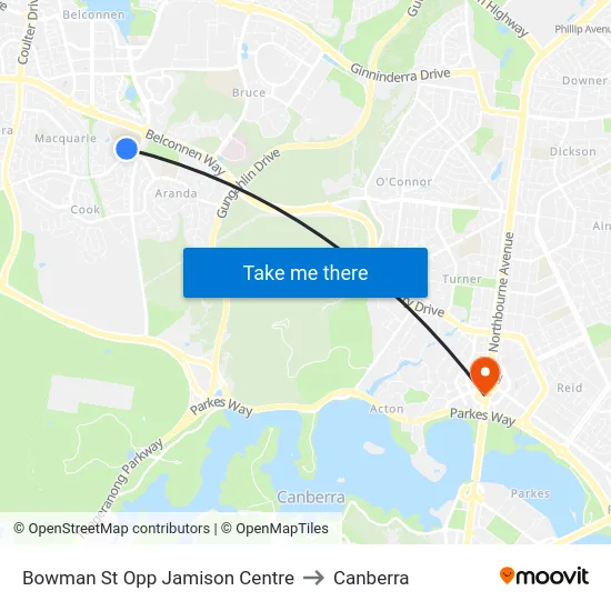 Bowman St Opp Jamison Centre to Canberra map