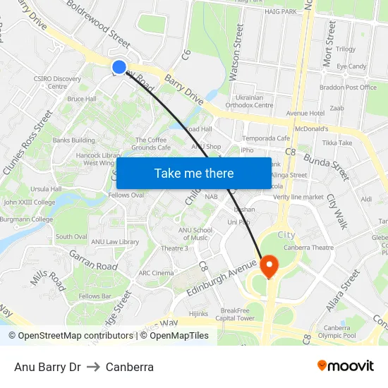 Anu Barry Dr to Canberra map
