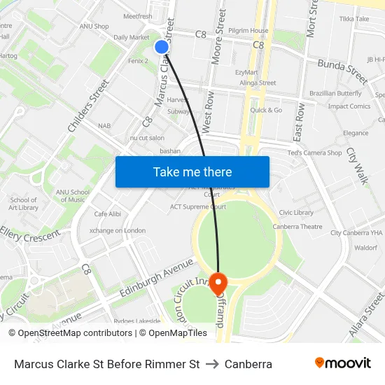 Marcus Clarke St Before Rimmer St to Canberra map
