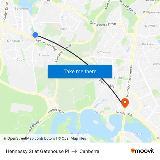 Hennessy St at Gatehouse Pl to Canberra map