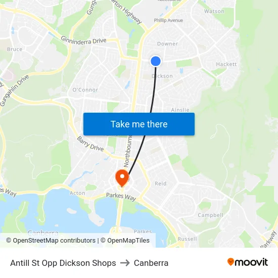 Antill St Opp Dickson Shops to Canberra map