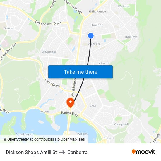 Dickson Shops Antill St to Canberra map