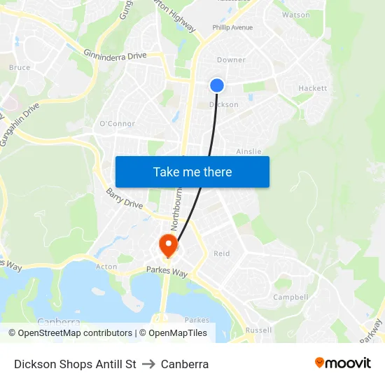 Dickson Shops Antill St to Canberra map