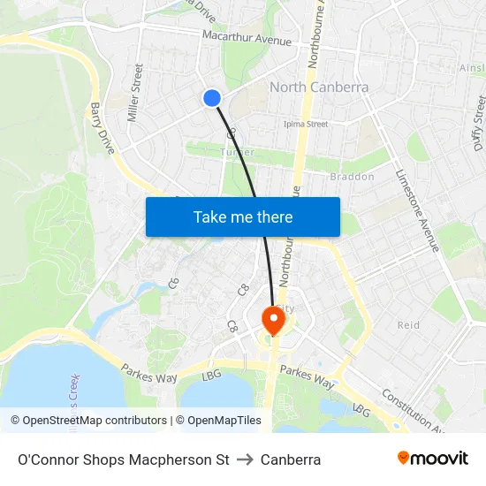O'Connor Shops Macpherson St to Canberra map