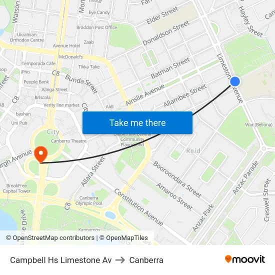 Campbell Hs Limestone Av to Canberra map