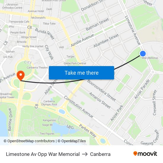 Limestone Av Opp War Memorial to Canberra map