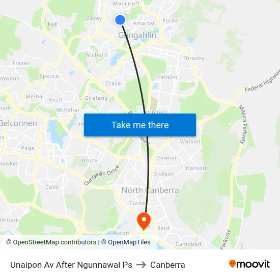 Unaipon Av After Ngunnawal Ps to Canberra map