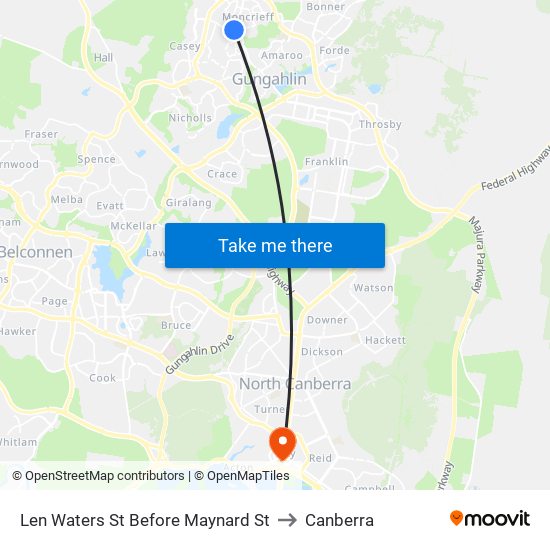 Len Waters St Before Maynard St to Canberra map