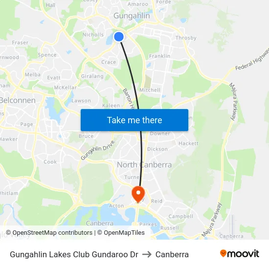 Gungahlin Lakes Club Gundaroo Dr to Canberra map