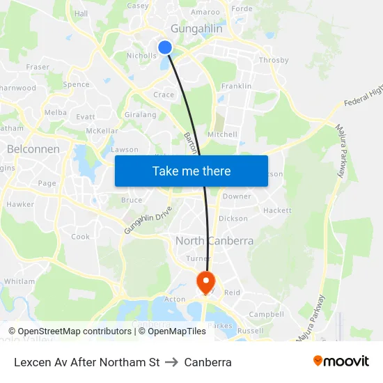 Lexcen Av After Northam St to Canberra map