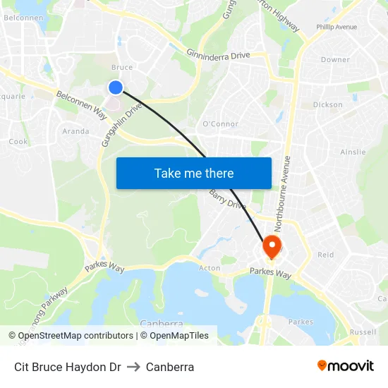 Cit Bruce Haydon Dr to Canberra map