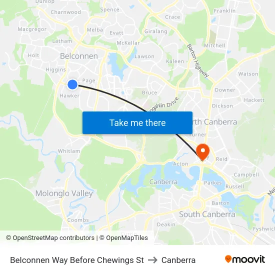 Belconnen Way Before Chewings St to Canberra map