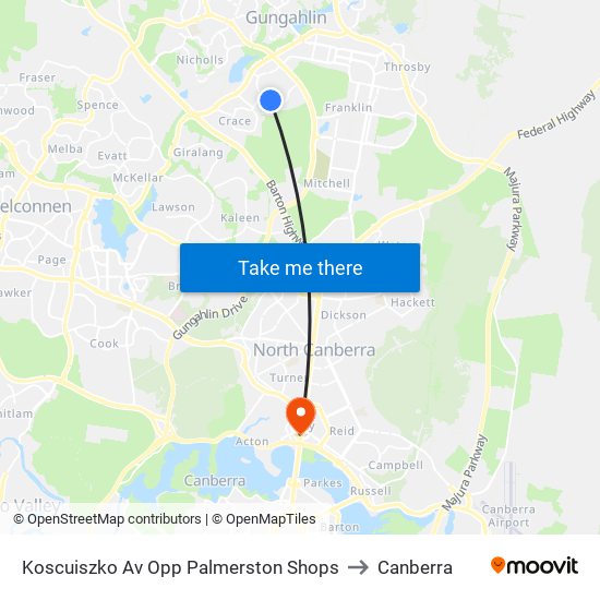 Koscuiszko Av Opp Palmerston Shops to Canberra map