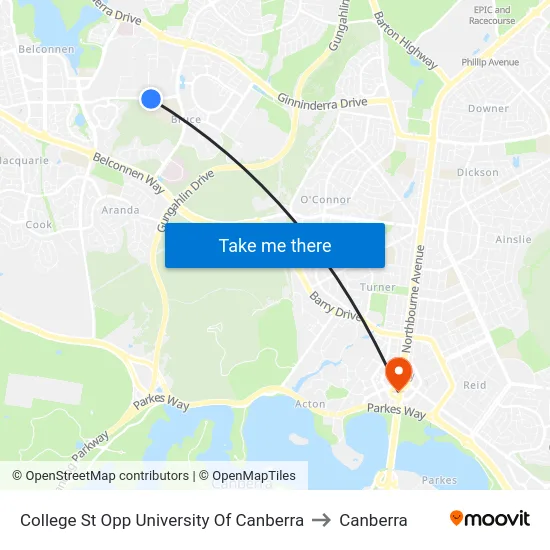 College St Opp University Of Canberra to Canberra map