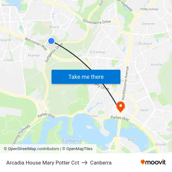 Arcadia House Mary Potter Cct to Canberra map