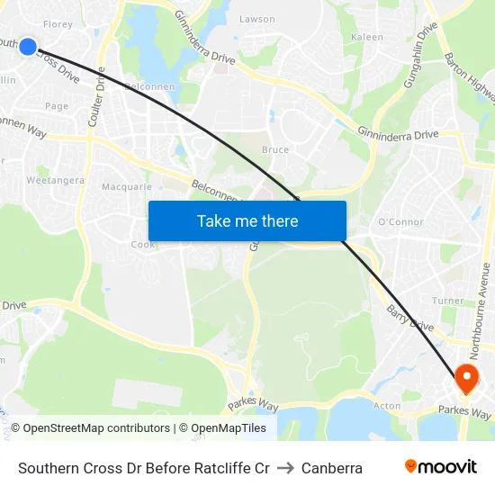 Southern Cross Dr Before Ratcliffe Cr to Canberra map