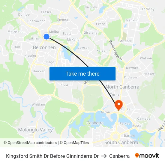 Kingsford Smith Dr Before Ginninderra Dr to Canberra map