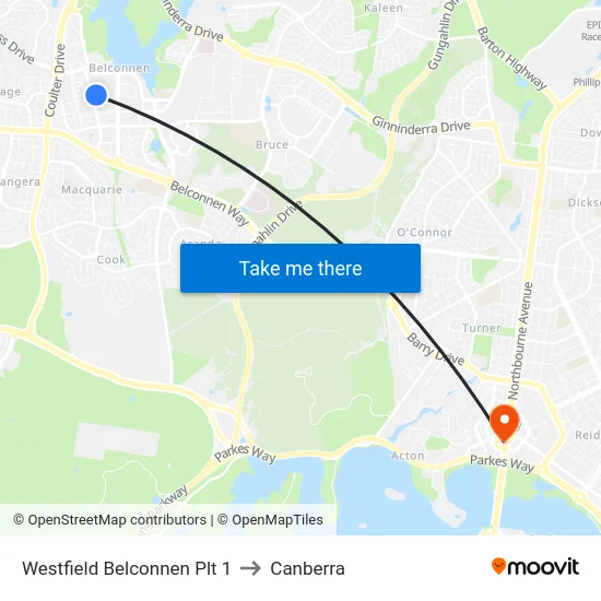 Westfield Belconnen Plt 1 to Canberra map