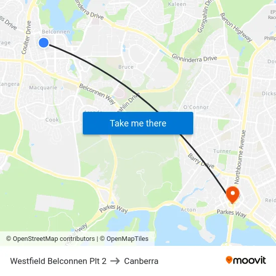 Westfield Belconnen Plt 2 to Canberra map