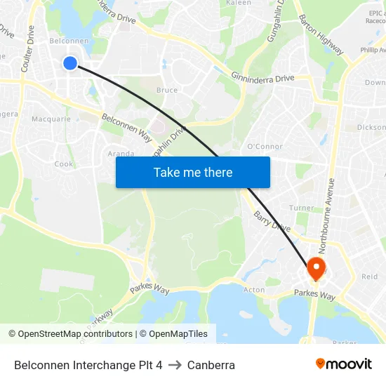 Belconnen Interchange Plt 4 to Canberra map