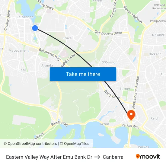 Eastern Valley Way After Emu Bank Dr to Canberra map