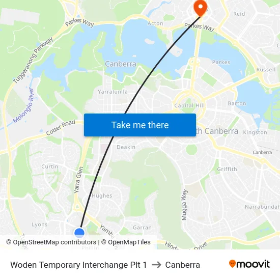 Woden Temporary Interchange Plt 1 to Canberra map