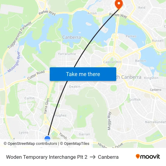 Woden Temporary Interchange Plt 2 to Canberra map