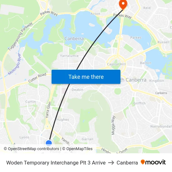 Woden Temporary Interchange Plt 3 Arrive to Canberra map