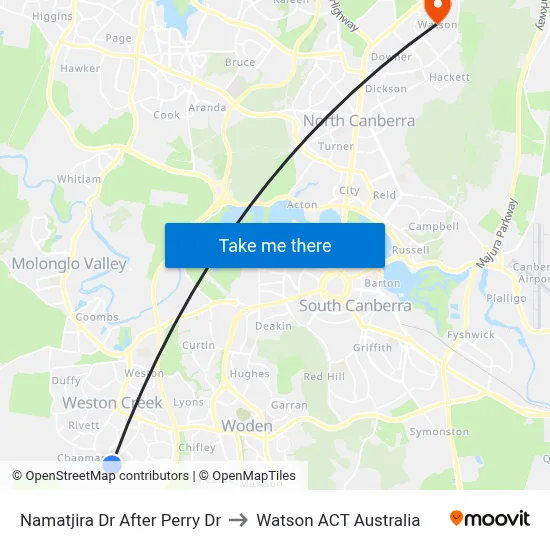 Namatjira Dr After Perry Dr to Watson ACT Australia map