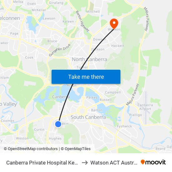 Canberra Private Hospital Kent St to Watson ACT Australia map