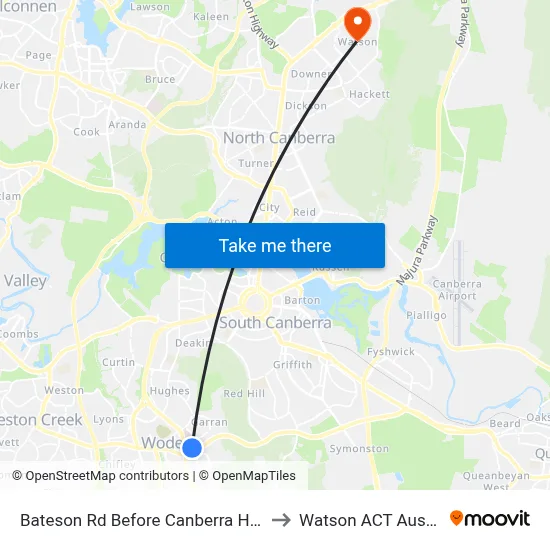 Bateson Rd Before Canberra Hospital to Watson ACT Australia map