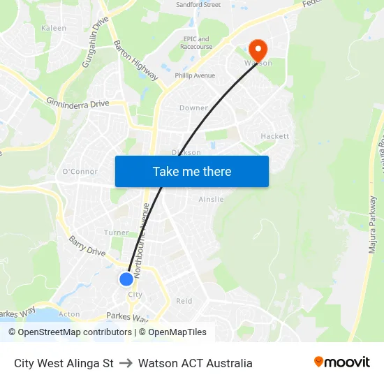 City West Alinga St to Watson ACT Australia map