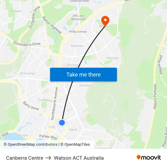 Canberra Centre to Watson ACT Australia map